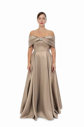 Plus Size Satin Evening Dress with Brooch Detail